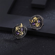 Load image into Gallery viewer, 925 Sterling Silver Plated Black Fashion Temperament Golden Flower Butterfly Geometric Stud Earrings with Amethyst
