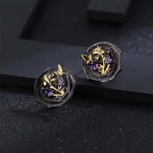 925 Sterling Silver Plated Black Fashion Temperament Golden Flower Butterfly Geometric Stud Earrings with Amethyst