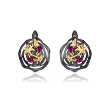 Load image into Gallery viewer, 925 Sterling Silver Plated Black Fashion Temperament Gold Flower Butterfly Geometric Stud Earrings with Garnet