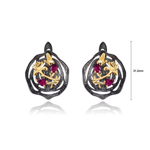 925 Sterling Silver Plated Black Fashion Temperament Gold Flower Butterfly Geometric Stud Earrings with Garnet