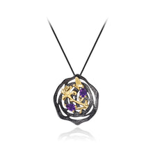 Load image into Gallery viewer, 925 Sterling Silver Plated Black Fashion Temperament Golden Flower Butterfly Pendant with Amethyst and Necklace