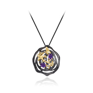 925 Sterling Silver Plated Black Fashion Temperament Golden Flower Butterfly Pendant with Amethyst and Necklace