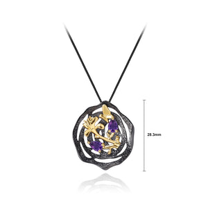 925 Sterling Silver Plated Black Fashion Temperament Golden Flower Butterfly Pendant with Amethyst and Necklace