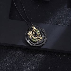 925 Sterling Silver Plated Black Fashion Temperament Golden Flower Butterfly Pendant with Peridot and Necklace