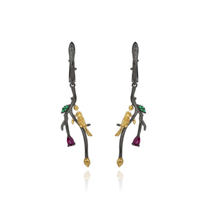 925 Sterling Silver Plated Black Fashion Creative Gold Bird Branch Earrings with Garnet