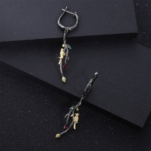925 Sterling Silver Plated Black Fashion Creative Gold Bird Branch Earrings with Garnet
