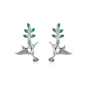 925 Sterling Silver Fashion Temperament Hummingbird Leaf Earrings with Cubic Zirconia