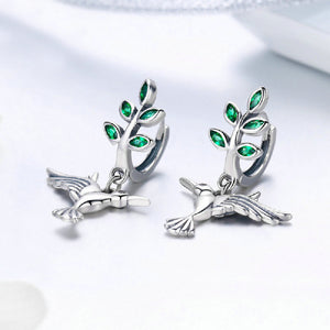 925 Sterling Silver Fashion Temperament Hummingbird Leaf Earrings with Cubic Zirconia