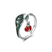 Load image into Gallery viewer, 925 Sterling Silver Fashion Cute Ladybug Hollow Leaf Adjustable Open Ring with Cubic Zirconia