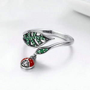 925 Sterling Silver Fashion Cute Ladybug Hollow Leaf Adjustable Open Ring with Cubic Zirconia