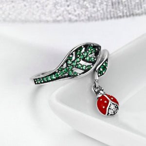 925 Sterling Silver Fashion Cute Ladybug Hollow Leaf Adjustable Open Ring with Cubic Zirconia