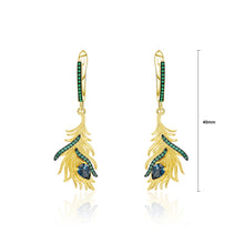 Load image into Gallery viewer, 925 Sterling Silver Plated Gold Fashion Vintage Luan Bird Feather Blue Topaz Earrings with Cubic Zirconia