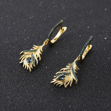 Load image into Gallery viewer, 925 Sterling Silver Plated Gold Fashion Vintage Luan Bird Feather Blue Topaz Earrings with Cubic Zirconia