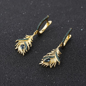 925 Sterling Silver Plated Gold Fashion Vintage Luan Bird Feather Blue Topaz Earrings with Cubic Zirconia