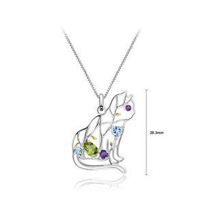 925 Sterling Silver Fashion Cute Hollow Cat Pendant with Natural Gemstones and Necklace