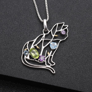 925 Sterling Silver Fashion Cute Hollow Cat Pendant with Natural Gemstones and Necklace
