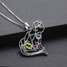 Load image into Gallery viewer, 925 Sterling Silver Fashion Cute Hollow Cat Pendant with Natural Gemstones and Necklace