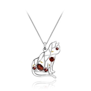 925 Sterling Silver Fashion Cute Hollow Cat Pendant with Garnet and Necklace