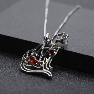 925 Sterling Silver Fashion Cute Hollow Cat Pendant with Garnet and Necklace