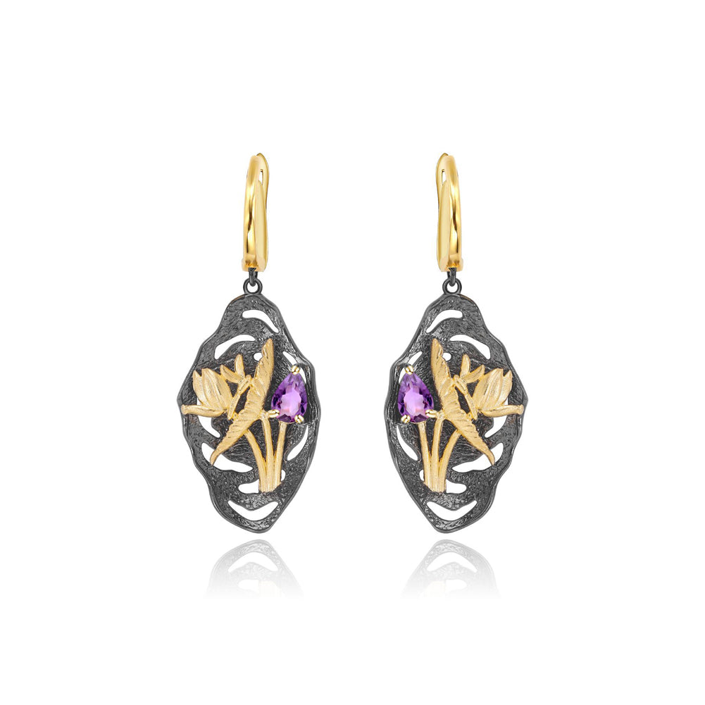 925 Sterling Silver Plated Black Fashion Temperament Natural Golden Flower Butterfly Geometric Earrings with Amethyst