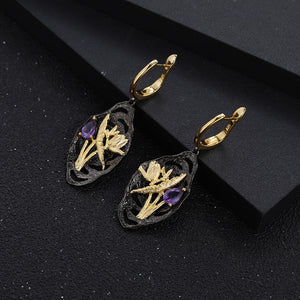 925 Sterling Silver Plated Black Fashion Temperament Natural Golden Flower Butterfly Geometric Earrings with Amethyst