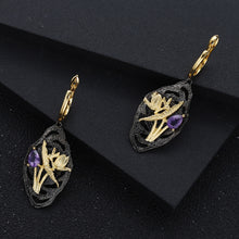 Load image into Gallery viewer, 925 Sterling Silver Plated Black Fashion Temperament Natural Golden Flower Butterfly Geometric Earrings with Amethyst