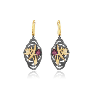 925 Sterling Silver Plated Black Fashion Temperament Natural Golden Flower Butterfly Geometric Earrings with Garnet