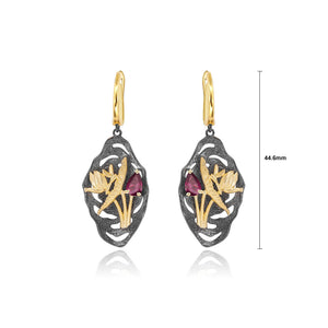 925 Sterling Silver Plated Black Fashion Temperament Natural Golden Flower Butterfly Geometric Earrings with Garnet