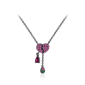 925 Sterling Silver Plated Black Fashion Brilliant Heart Shape Garnet Tassel Pendant with Cubic Zirconia and Necklace