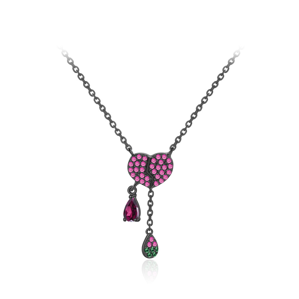 925 Sterling Silver Plated Black Fashion Brilliant Heart Shape Garnet Tassel Pendant with Cubic Zirconia and Necklace
