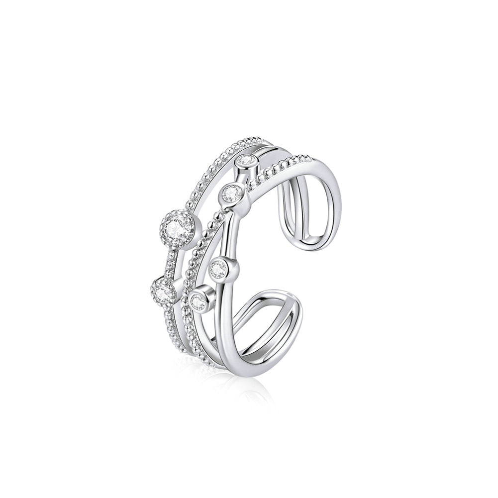925 Sterling Silver Fashion Temperament Cross Line Geometric Adjustable Open Ring with Cubic Zirconia