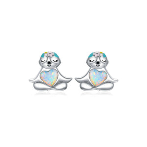 925 Sterling Silver Simple and Cute Sloth Enamel Flower Opal Stud Earrings