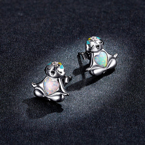 925 Sterling Silver Simple and Cute Sloth Enamel Flower Opal Stud Earrings
