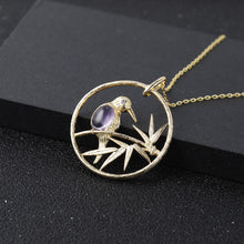Load image into Gallery viewer, 925 Sterling Silver Plated Gold Fashion Temperament Bird Leaf Geometric Pendant with Amethyst and Necklace