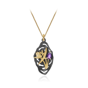 925 Sterling Silver Plated Black Fashion Elegant Gold Butterfly Flower Amethyst Geometric Pendant with Necklace