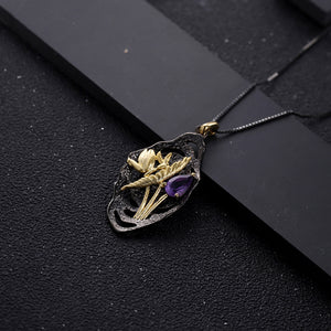 925 Sterling Silver Plated Black Fashion Elegant Gold Butterfly Flower Amethyst Geometric Pendant with Necklace