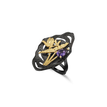 Load image into Gallery viewer, 925 Sterling Silver Plated Black Fashion Elegant Gold Butterfly Flower Amethyst Geometric Adjustable Ring
