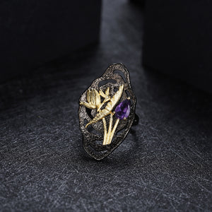 925 Sterling Silver Plated Black Fashion Elegant Gold Butterfly Flower Amethyst Geometric Adjustable Ring