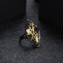 Load image into Gallery viewer, 925 Sterling Silver Plated Black Fashion Elegant Gold Butterfly Flower Amethyst Geometric Adjustable Ring