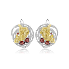 Load image into Gallery viewer, 925 Sterling Silver Fashion Elegant Gold Flower Geometric Garnet Stud Earrings