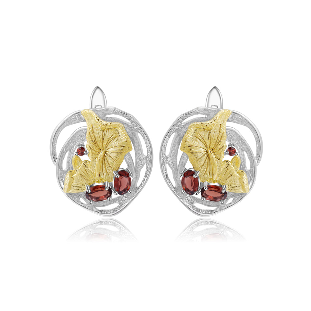 925 Sterling Silver Fashion Elegant Gold Flower Geometric Garnet Stud Earrings