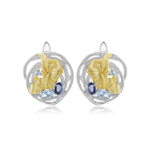 925 Sterling Silver Fashion Elegant Gold Flower Geometric Blue Topaz Stud Earrings