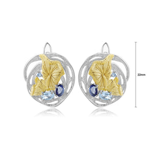 925 Sterling Silver Fashion Elegant Gold Flower Geometric Blue Topaz Stud Earrings