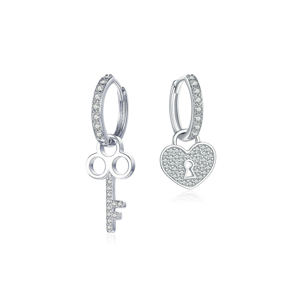 925 Sterling Silver Fashion Personality Key Heart Lock Asymmetrical Geometric Earrings with Cubic Zirconia