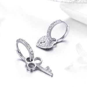 925 Sterling Silver Fashion Personality Key Heart Lock Asymmetrical Geometric Earrings with Cubic Zirconia