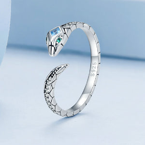 925 Sterling Silver Simple Personality Snake Geometric Adjustable Open Ring with Cubic Zirconia