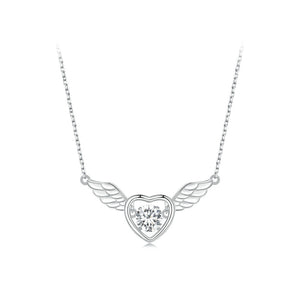 925 Sterling Silver Fashion Simple Heart Angel Wings Pendant with Cubic Zirconia and Necklace
