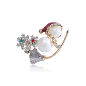 Fashion Cute Plated Gold Christmas Snowman Imitation Pearl Snowflake Brooch with Cubic Zirconia