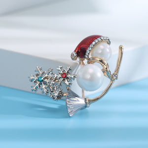 Fashion Cute Plated Gold Christmas Snowman Imitation Pearl Snowflake Brooch with Cubic Zirconia