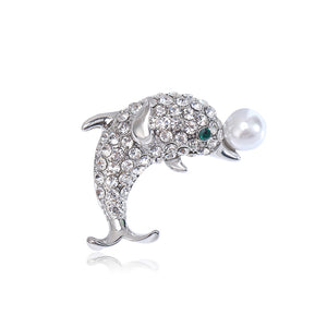 Cute Bright Dolphin Imitation Pearl Brooch with Cubic Zirconia